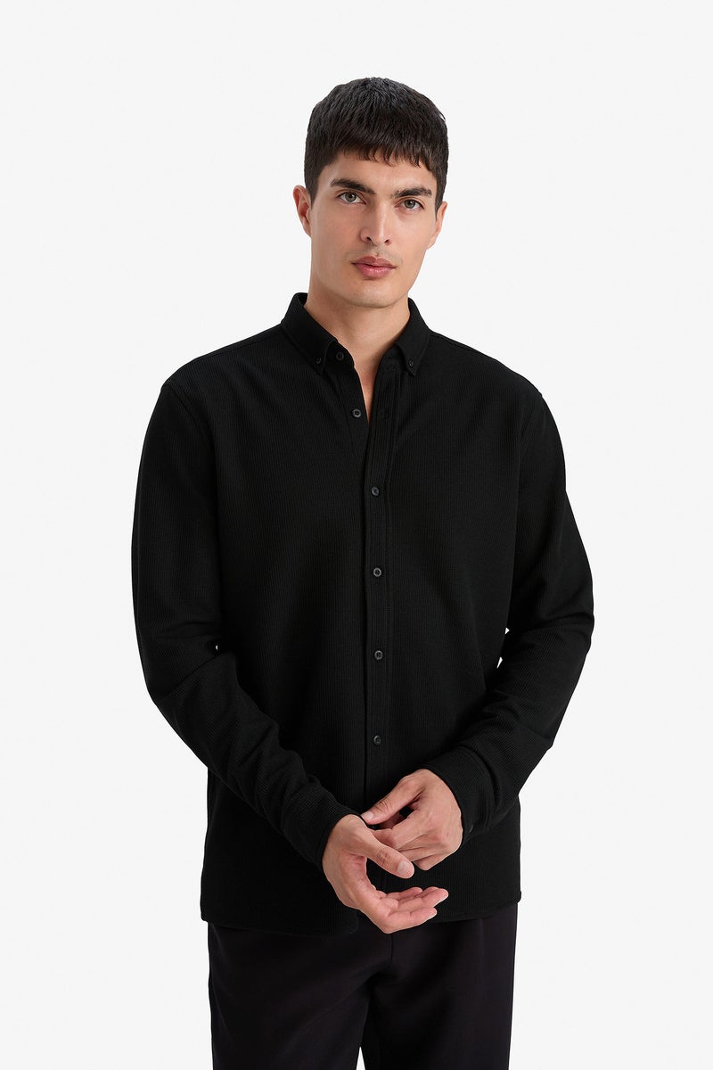 DeFacto Black Man Regular Fit Polo Collar Long Sleeve Shirt Casual - Image 5